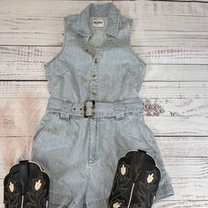 Show Me Your Mumu Women Richmond Romper Washed Blue Belted Denim  - Size Small